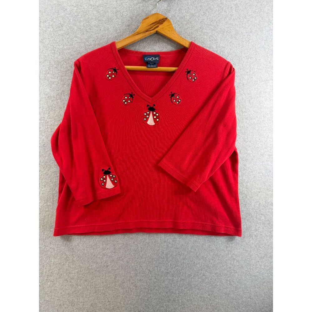 Las Olas Red Ladybug Embroidered V-Neck 3/4 Sleeve Top Women's L 3344